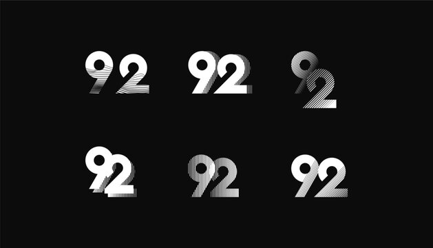 Collection of Number with Abstract Line Pattern  anniversary 92th, 92th Happy Anniversary geometric black and white, celebrating and greeting design banner.