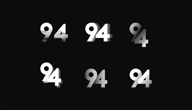 Collection of Number with Abstract Line Pattern  anniversary 94th, 94th Happy Anniversary geometric black and white, celebrating and greeting design banner.