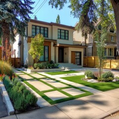 Obraz premium Modern suburban house exterior with landscaped garden and pathway surrounded by trees and greenery in bright daylight