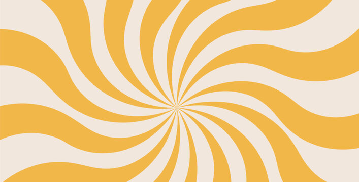 Groovy swirl starburst background. Retro spiral yellow sun rays abstract illustration. Vector wavy retro decoration. Radial carnival stripes vintage backdrop. Sunburst textured 70s pop art design.