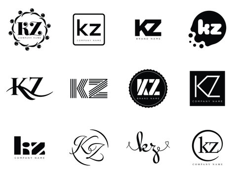 KZ logo company template. Letter k and z logotype. Set different classic serif lettering and modern bold text with design elements. Initial font typography.