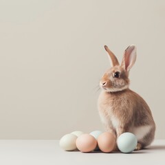 Rabbit sitting beside natural Easter eggs with copy space.  Easter wallpaper. Rabbit sitting next to natural eggs, creating a minimal Easter holiday concept