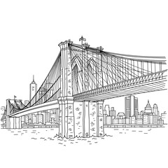 Artistic sketch of a bridge spanning across a city harbor