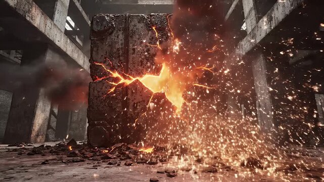 Explosive Clash Within Abandoned Warehouse Explosion Scene.