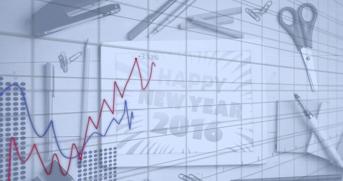 Animation of graph over happy new year 2016 text on tablet screen with stationery on table