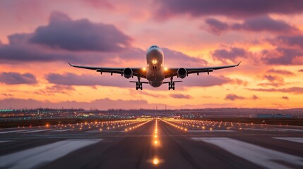 Fototapeta premium Vacation travel trip journey in holiday season. An airplane taking off from an airport runway at sunset, illuminated by the warm glow of the setting sun. The plane is silhouetted against the sky.