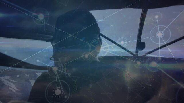 Animation of network of connections over pilots flying a airplane against clouds in the sky