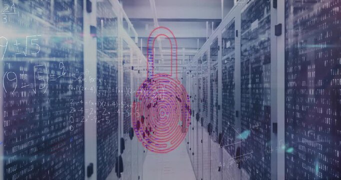 Animation of security padlock icon and mathematical equations against computer server room