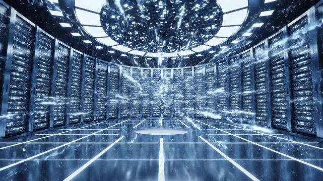 Futuristic Data Center Server Hall With Blue Lighting.