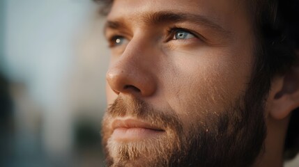 Fototapeta premium Close up portrait of a thoughtful man with blue eyes looking upwards conveying optimism and contemplation