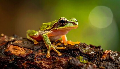 Fototapeta premium A vibrant green tree frog with bright orange feet perches delicately on a rough brown branch, its eyes intently observing the lush, blurred natural environment
