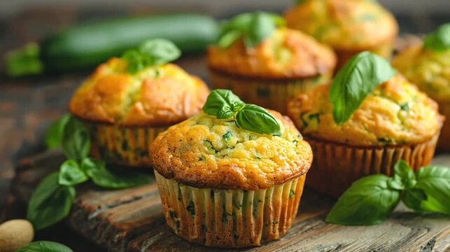 Golden zucchini muffins topped with fresh basil on a rustic wooden board, with zucchini