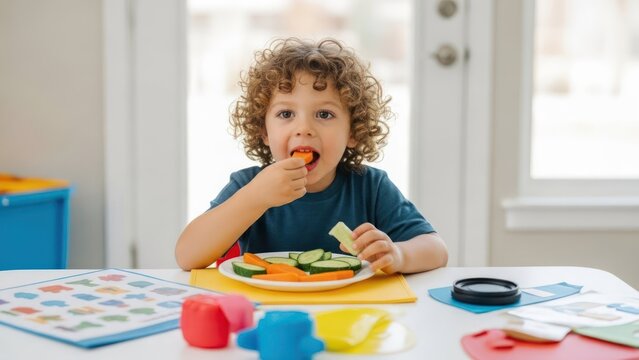 Curly-haired child eats a carrot stick at a table with veggies and colorful activities