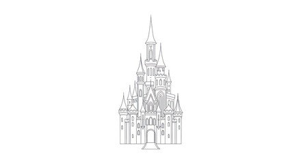 Fototapeta premium A detailed, hand-drawn illustration of a castle with intricate details and a whimsical design, set against a white background with a subtle shadow effect.