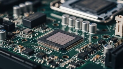 Fototapeta premium Detailed macro shot of a complex computer motherboard with microchips and circuitry