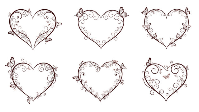 Collection of six heart shaped frames is decorated with elegant swirls and small butterflies to create a romantic and delicate border set.