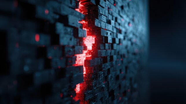 Perspective view of a dark technological wall made of blocks with a powerful red light energy or data glowing through a central gap.