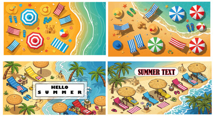 Fototapeta premium Tropical beach resort travel banner template featuring summer vacation leisure scenes with island paradise graphics for tourism promotion design set.