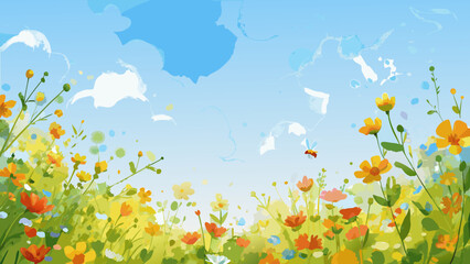 A vibrant illustration depicting a meadow with wildflowers and a bee © Etika