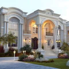 Obraz premium Elegant luxury mansion with architectural details, landscaped garden, and elegant lighting at dusk in a serene environment