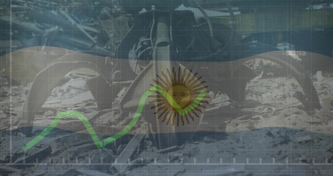 Animation of waving argentina flag against claw attachment of hydraulic lifting machine at junkyard