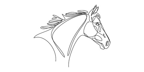 Simple line drawing of a horse head profile with a flowing mane on a white background. © Bobita