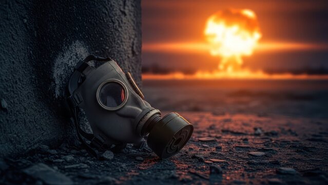 Gas mask rests against rubble; nuclear explosion in the orange sky