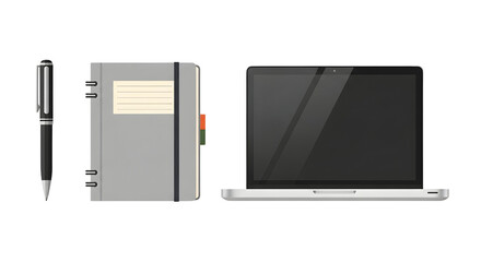 Black pen, grey notebook, and silver laptop for modern work and study setup