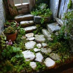 Serene Garden Pathway Surrounded by Lush Greenery and Stone Steps in a Tranquil Outdoor Space