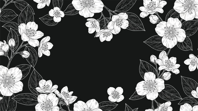 Elegant floral frame featuring white hand-drawn jasmine blossoms and dark leaves on a black background with central copy space for text.