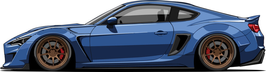 Blue sports car profile view showcasing speed and performance on a clean white background © faisalaladabi
