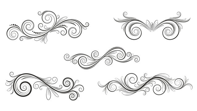 Collection of five elegant black scroll flourishes and decorative swirls on a white background for classic typography and border design.