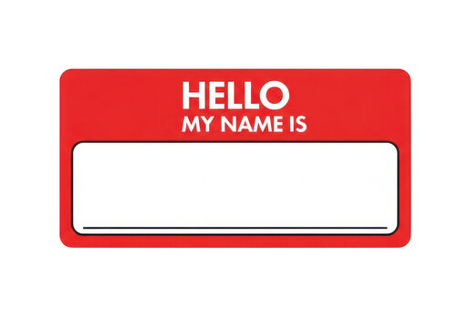 Red label with white text that says hello my name is isolated on transparent background,png