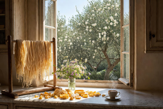 Pasta fresca fatta in casa su davanzale con vista su uliveto e tazza di caff&egrave;. Generative AI