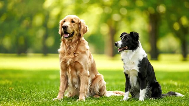 Two dogs sitting together in a serene green park on a sunny day from a frontal viewpoint