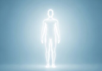 Glowing human figure with aura on blue background