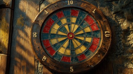 Fototapeta premium Wooden dartboard, sunlit shadows