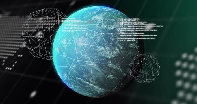 Scrolling code initiating globe spin, orbiting wireframes overlaying code visualizing process