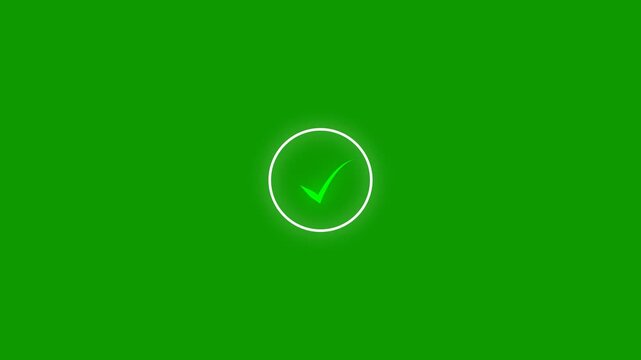 Approved tick mark icon animation, yes sign symbol, glowing green checkmark, correct status badge, digital interface verification mark, black background seamless loop 4K