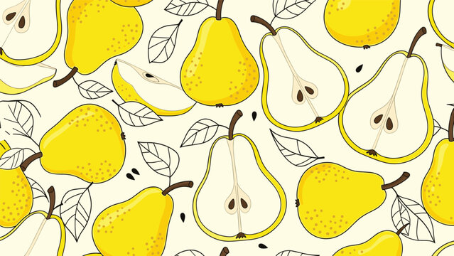 Fresh seamless pattern featuring whole and halved yellow pears with leaves and seeds in a cheerful hand-drawn style for kitchen decor.
