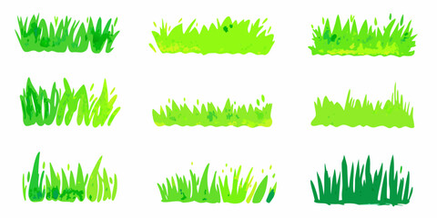 Nine variations of cartoon style green grass clumps on a white background © Bijoy