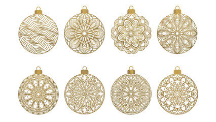 Collection of golden christmas ball ornaments with intricate mandala patterns for festive holiday decorations or greetings.