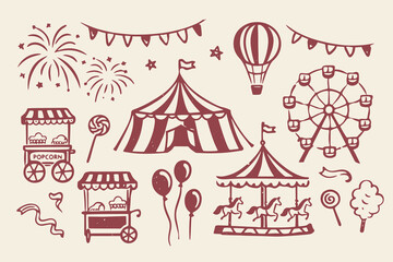 Carnival amusement park icons doodle set vector illustration © Victoria