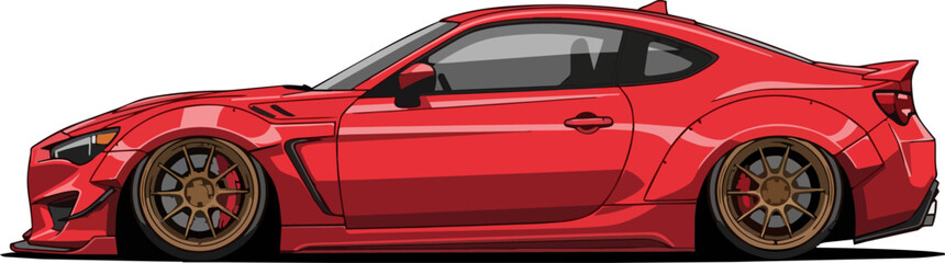 Red sports car illustration viewed from the side showcasing sleek design and vibrant color on a clean background © faisalaladabi
