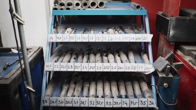 A workshop tool rack holding rows of large industrial metal drill bits neatly organized and labeled by size