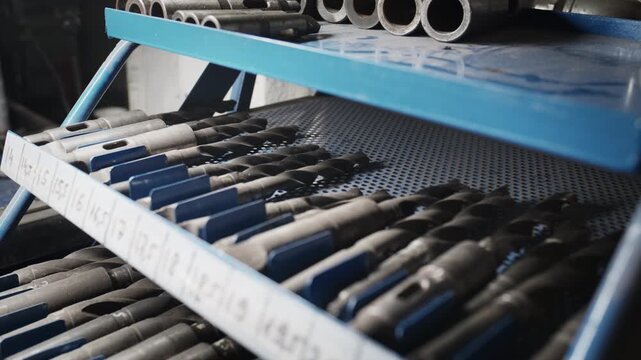 Neatly organized industrial metal drill bits and tools resting on blue workshop shelves