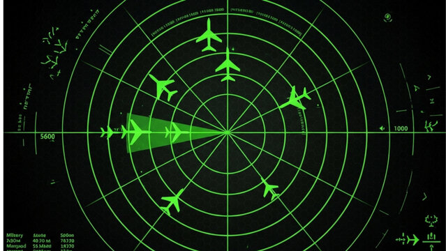 Surveillance radar screen displaying multiple aircraft tracks in a circular grid pattern from a top-down viewpoint
