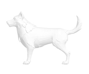 A stylized white dog composed of polygonal shapes and clean lines forms an intricate geometric design on a plain white background.