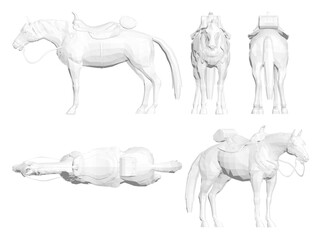 Polygonal horse model with a detailed saddle stands on a clean white background. Its geometric form is constructed from various shapes and sizes for an intricate, stylized appearance.