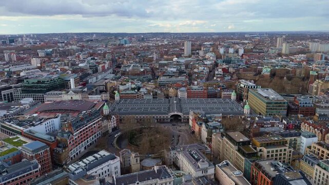 Aerial view of London skyline featuring the historic Smithfield Market in Farringdon